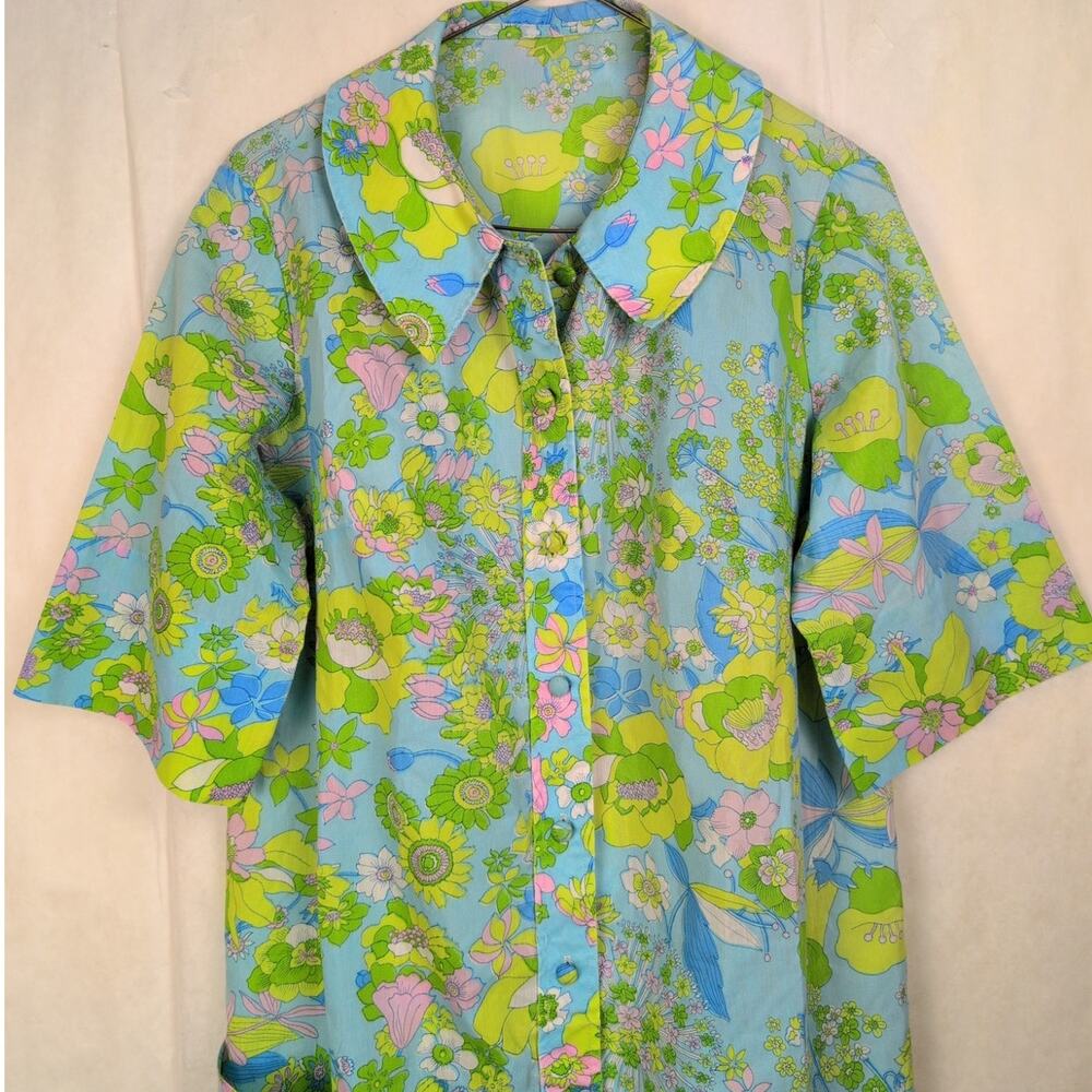 Vintage green floral print chore pocket shirt dress Size Large 60s Retro Mod - Picture 3 of 6